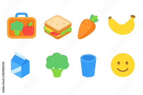 Healthy food flat icon set. Fruits, vegetables, lunchbox flat icons for nutrition apps.