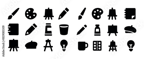 Art tools icons: paintbrush, easel, palette, pencil, paint bottle, beret