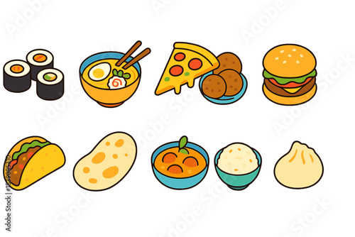 Food, cuisine flat icon set. Diverse culinary icons for menus and recipes.