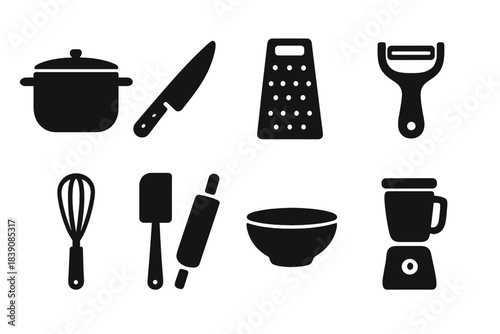 Cooking utensils silhouette icon set. Kitchen and culinary tools silhouetted collection
