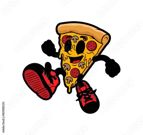 Cartoon pizza slice character running with pepperoni and mushroom toppings.