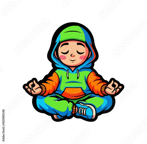 Meditating cartoon character in a lotus position with closed eyes and serene expression.