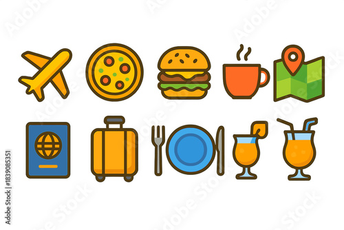Travel and food flat icon set. Vacation, map, passport and dining icons collection.