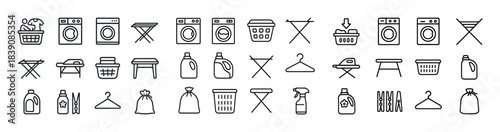 Laundry icon set featuring washers, baskets, detergent, hangers, and ironing boards