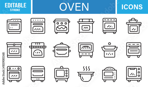 Modern Outline Oven Icon Pack Featuring Baking Devices, Stove Tops, Temperature Indicators, Heating Elements, and Culinary Tools