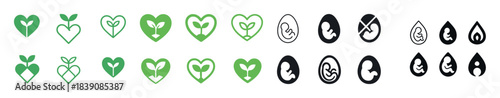 Set of green and black plant and embryo icons in heart and egg shapes