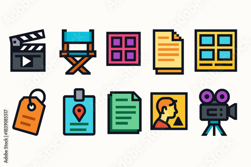 Movie, cinema flat icon set. Film industry, entertainment, multimedia flat icons collection