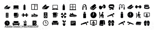 Home workout and office equipment icons collection for remote lifestyle