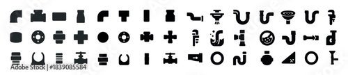 Silhouette icons of various plumbing pipe fittings and fixtures