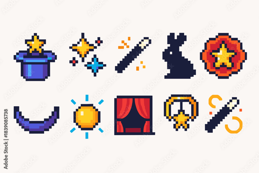 Fototapeta premium Magic and fantasy pixel icon set. Wizardry, enchantment pixel art icons collection