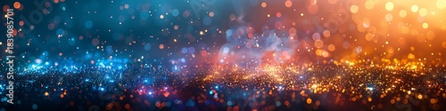 Panoramic Celestial Glow Abstract Cosmic Nebula Background with Sparkling Bokeh Lights in Blue and Orange Hues