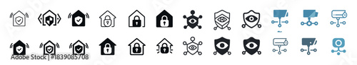 Home security icons set: house, lock, shield, camera symbols