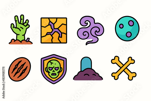 Halloween icon set. Spooky, creepy, flat style, zombie, bone, graveyard icons collection