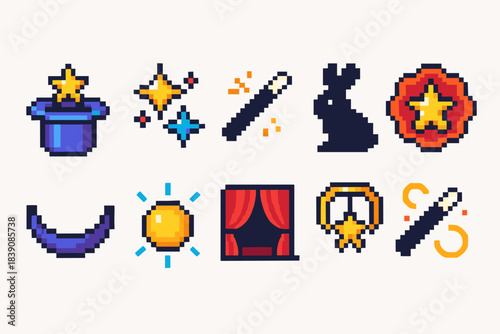 Magic and fantasy pixel icon set. Wizardry, enchantment pixel art icons collection