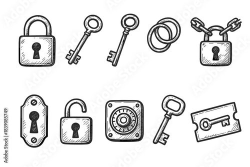 Security and access sketch icon set. Hand-drawn lock and key outline illustrations