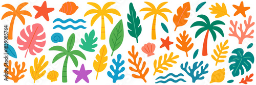Colorful tropical elements including palms and leaves. Bright shapes create playful summer mood