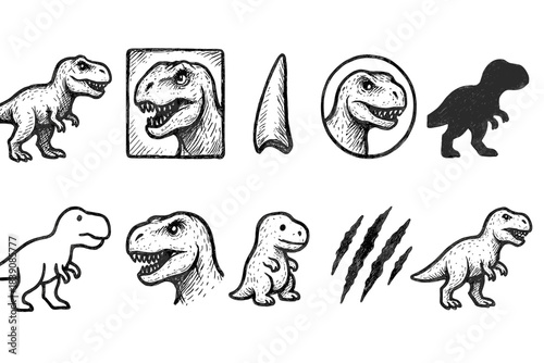 Dinosaur sketch icon set. Prehistoric, dinosaur art icons outline collection