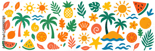 Vibrant tropical elements including fruits and palms. Colorful shapes create lively vacation atmosphere