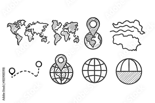 Travel and navigation outline icon set. World, map, location, global symbols collection