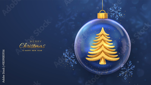 Christmas greeting card. Golden tree inside transparent Christmas bauble, decorated with shining snowflakes on blue background. Merry christmas holiday poster, banner, flyer. Vector illustration.