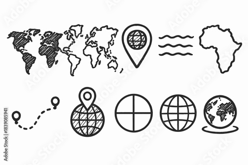 Geography, map outline icon set. Global, location, navigation line icons collection