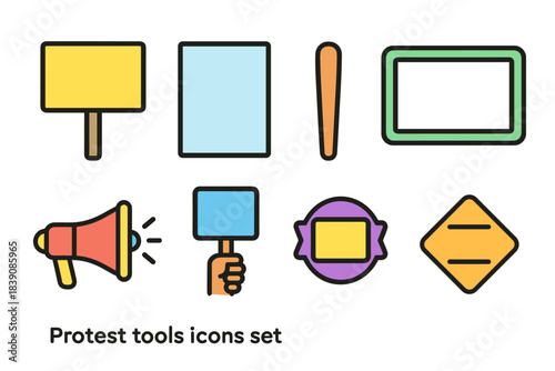 Protest tools flat icon set. Demonstration, signs, megaphone, placard icons collection