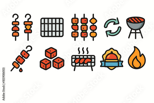 Barbecue, grill and skewer icon set. Cooking, outdoor icons flat collection
