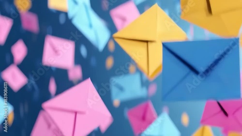 Digital Deluge: A cascade of colorful paper envelopes fills the frame, symbolizing a flow of communication. Each one signifies a message, connecting us in a virtual sea. 