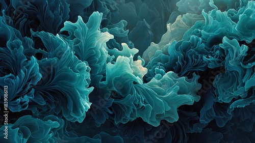 abstract representation of resilience and growth, organic flowing liquid forms evolving from chaotic patterns into stable, ascending structures, vibrant teal and deep blue, ethereal glow