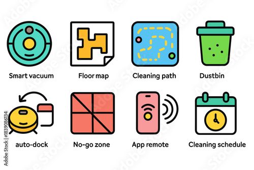 Smart home device flat icon set. Robot vacuum, cleaning technology icons collection