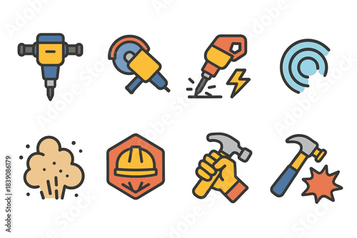 Construction tools flat icon set. Hammer, drill, safety, energy icons collection