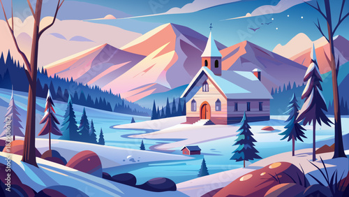 Very beautiful serene winter scene featuring a small church, snow-covered hills, distant mountains, and peaceful holiday atmosphere, creating a quiet, picturesque view of cold-season rural beauty