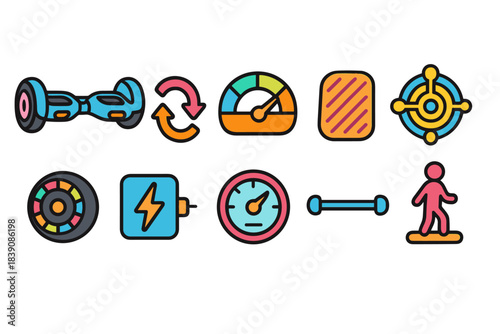 Electric scooter line icon set. Hoverboard, electric balance board, speed gauge icons