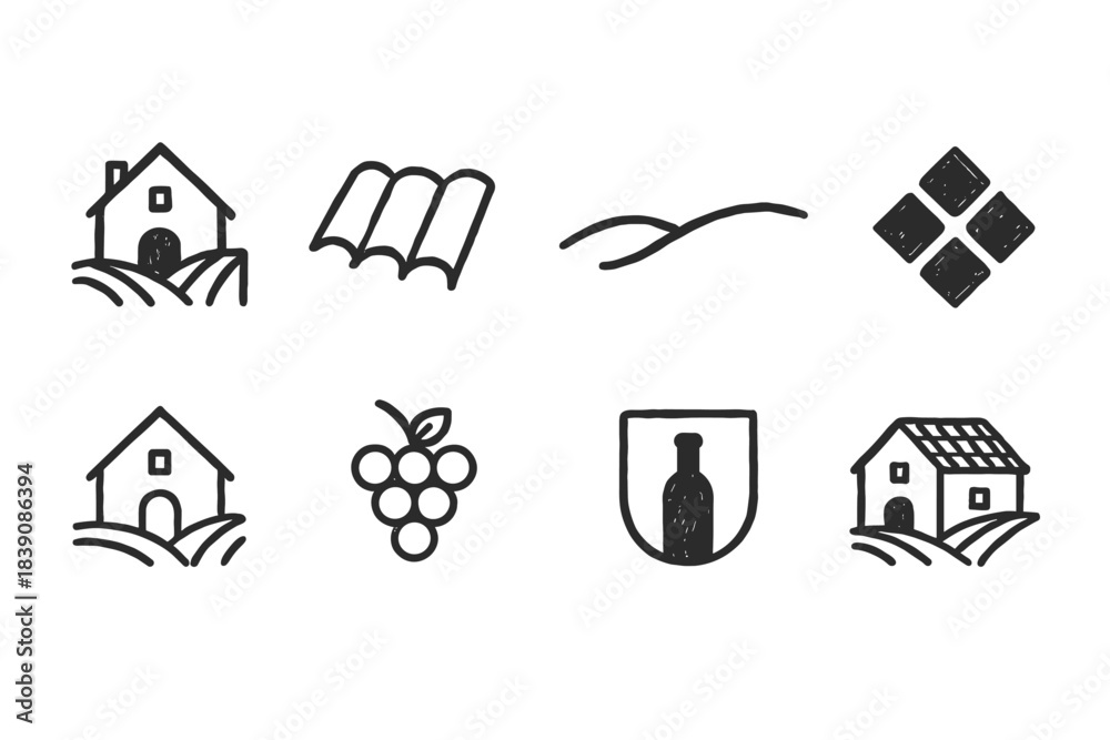 Naklejka premium Agriculture and vineyard outline icon set. Farming, grapes, and rural elements