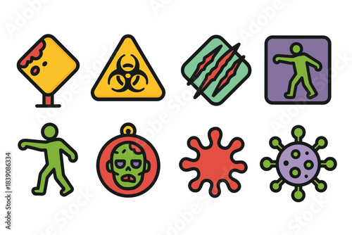 Zombie apocalypse icon set. Flat style collection with biohazard and infectious elements