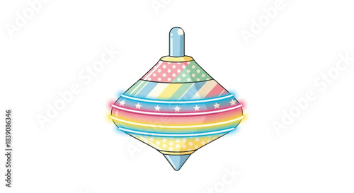 Colorful spinning top toy with rainbow stripes and a playful design.