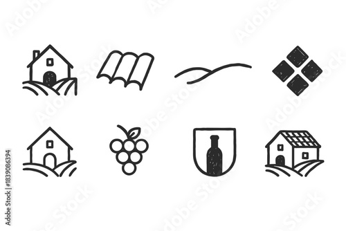 Agriculture and vineyard outline icon set. Farming, grapes, and rural elements