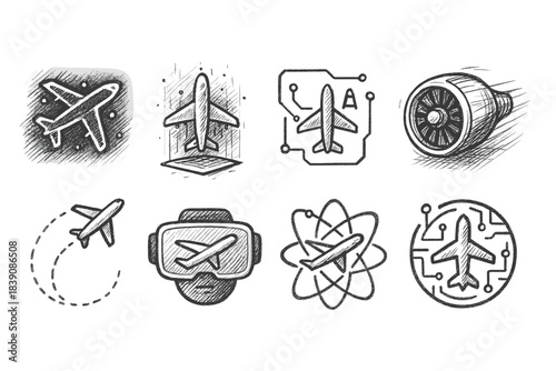Aviation and technology sketch icon set. Aircraft, engine, vr icons sketch collection