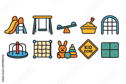 Playground equipment icon set for kid-friendly spaces, outline children’s icons collection