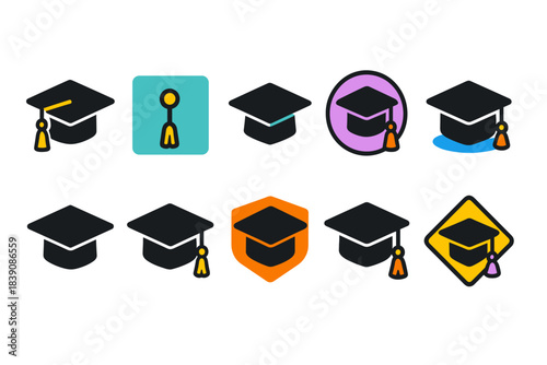 Graduation cap flat icon set. Education, academic achievement symbols collection