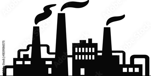 Black silhouette of a large industrial factory or power plant complex with smokestacks emitting pollution, manufacturing and production vector