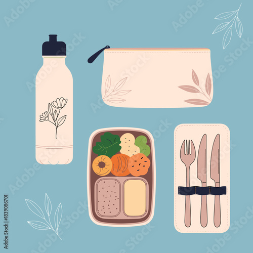 Sustainable lifestyle essentials including a reusable water bottle, bento box with healthy food, and a portable cutlery set for a zero-waste habit.