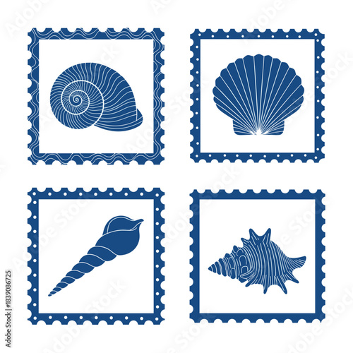 Set of four stylized blue seashells depicted in decorative square frames with perforated edges, suitable for marine themes.