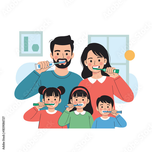 Parents and three children happily brushing their teeth, demonstrating healthy oral care habits.