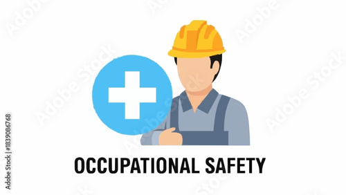Occupational safety concept with construction worker wearing hard hat and blue cross symbol representing workplace protection health and accident prevention for employees