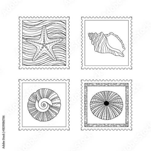Four monochrome stamp-like illustrations featuring detailed line art of diverse ocean inhabitants, ideal for coloring or decorative use.