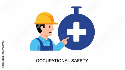 Occupational safety concept with construction worker wearing hard hat pointing blue medical cross sign health and safety at workplace vector illustration white background