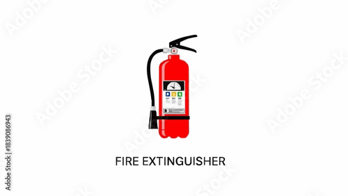 A vibrant red fire extinguisher with black hose and nozzle, complete with pressure gauge and labels, presented on clean white background as a symbol of emergency preparedness