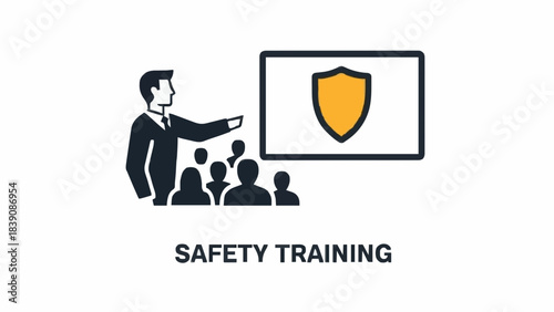 A clear illustration of safety training showing an instructor pointing at a screen with a shield icon to a group of seated people, symbolizing education for workplace security