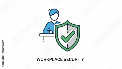 workplace security icon depicting safety measures and protection protocols for employees within office environment showing person silhouette and shield with checkmark symbolizing trust and compliance